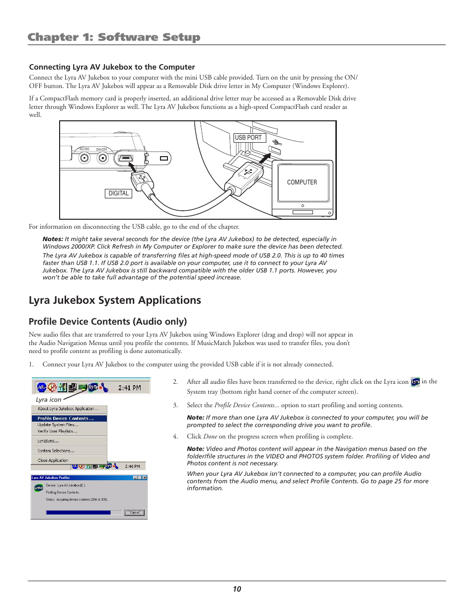 Lyra jukebox system applications, Profile device contents (audio only), Chapter 1: software setup | RCA Lyra AV RD2780 User Manual | Page 14 / 46