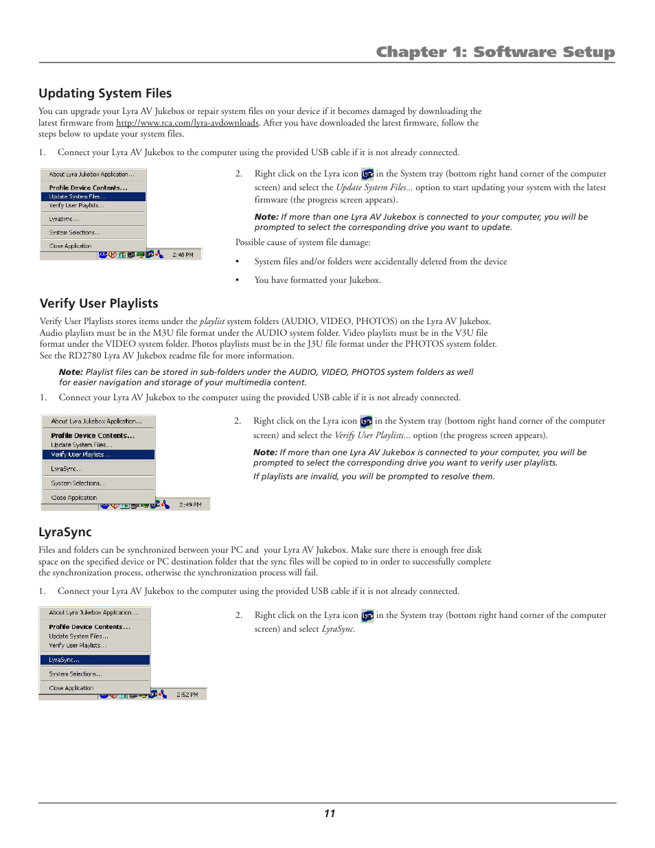 Updating system files, Verify user playlists, Lyrasync | Chapter 1: software setup | RCA Lyra AV RD2780 User Manual | Page 15 / 46