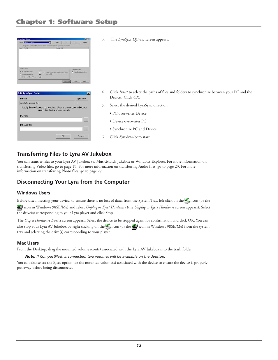 Transferring files to lyra av jukebox, Disconnecting your lyra from the computer, Chapter 1: software setup | RCA Lyra AV RD2780 User Manual | Page 16 / 46