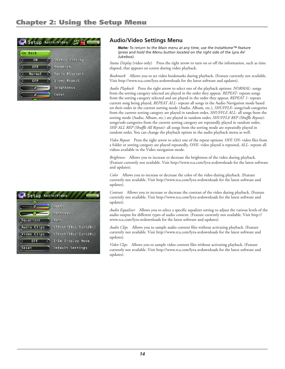 Audio/video settings menu, Chapter 2: using the setup menu | RCA Lyra AV RD2780 User Manual | Page 18 / 46