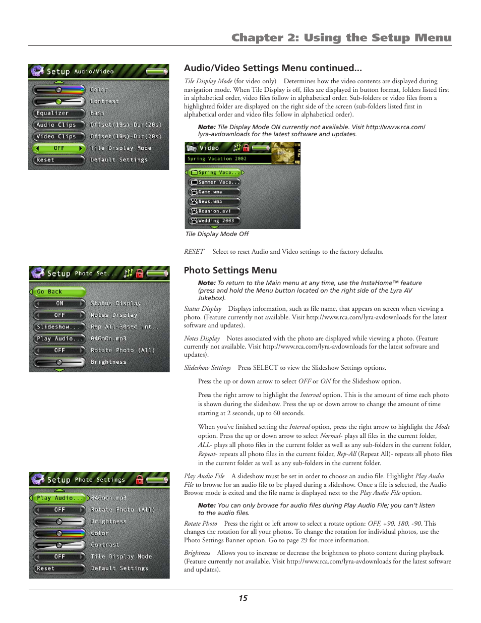 Audio/video settings menu continued, Photo settings menu, Chapter 2: using the setup menu | RCA Lyra AV RD2780 User Manual | Page 19 / 46