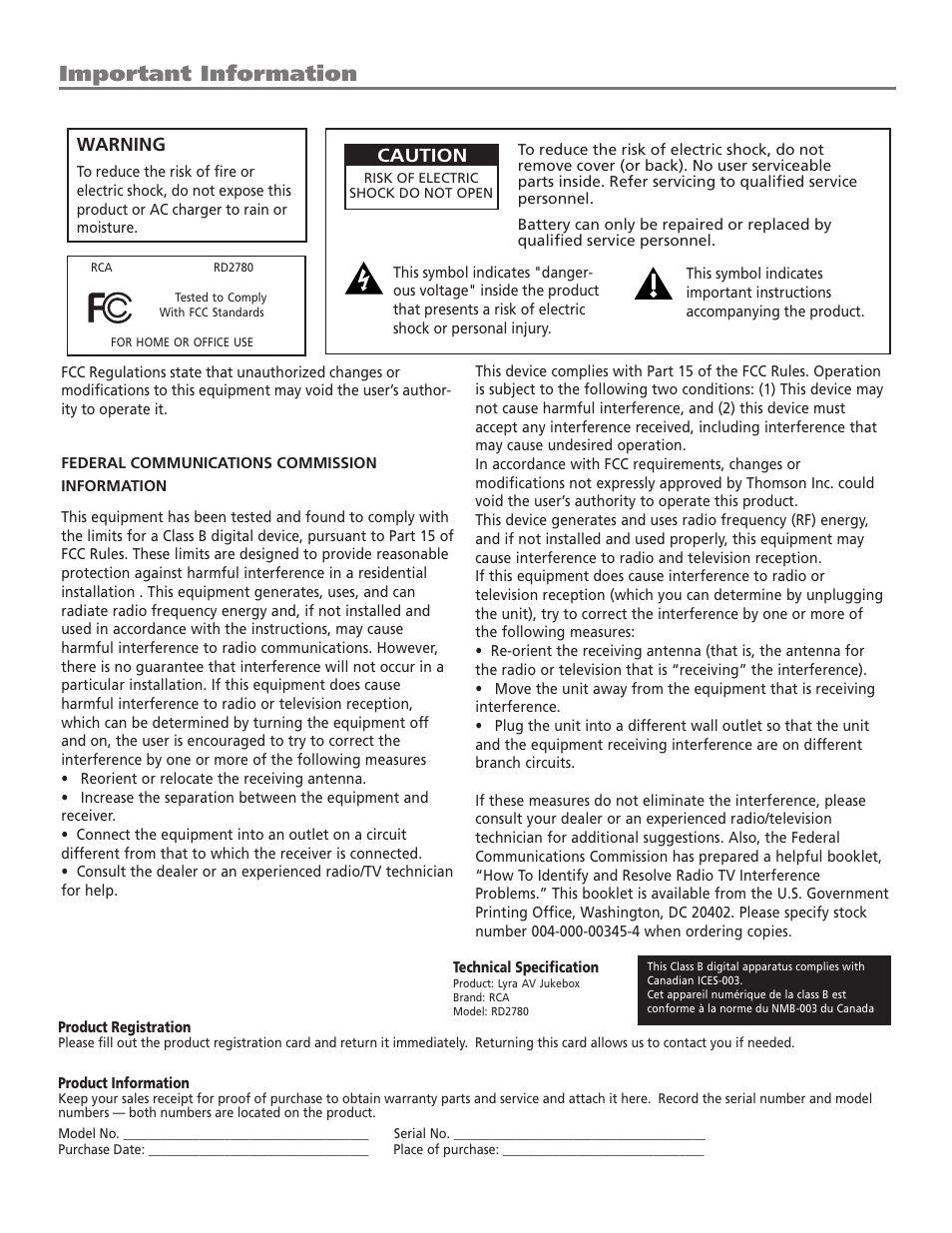 Important information, Warning, Caution | RCA Lyra AV RD2780 User Manual | Page 2 / 46