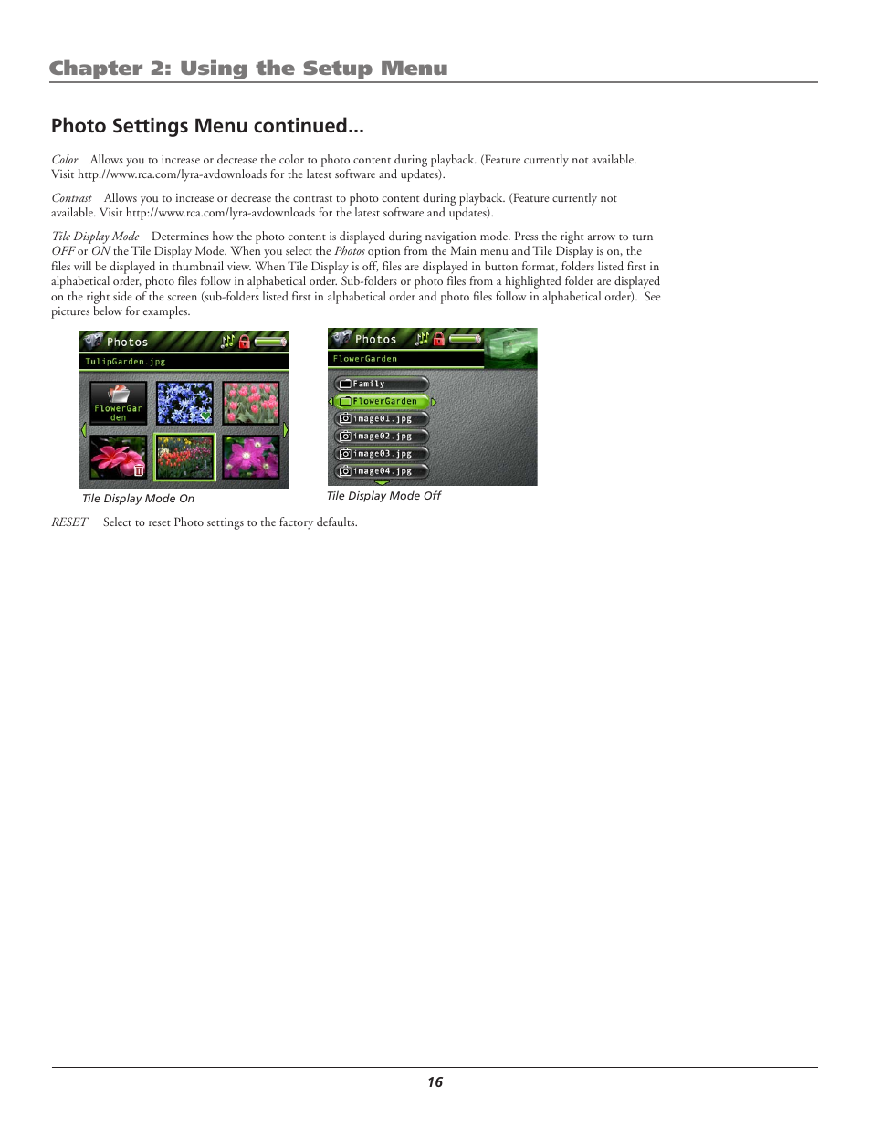 Photo settings menu continued, Chapter 2: using the setup menu | RCA Lyra AV RD2780 User Manual | Page 20 / 46