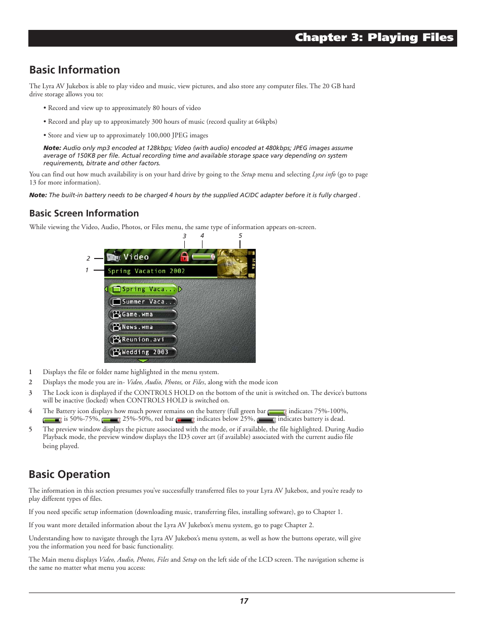 Chapter 3: playing files, Basic information, Basic screen information | Basic operation | RCA Lyra AV RD2780 User Manual | Page 21 / 46