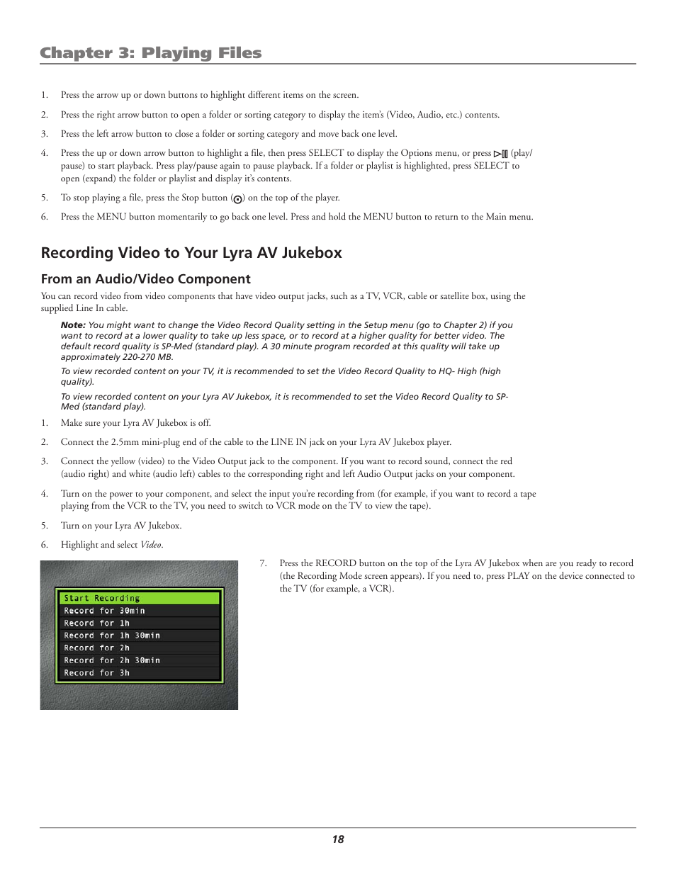 Recording video to your lyra av jukebox, From an audio/video component, Chapter 3: playing files | RCA Lyra AV RD2780 User Manual | Page 22 / 46