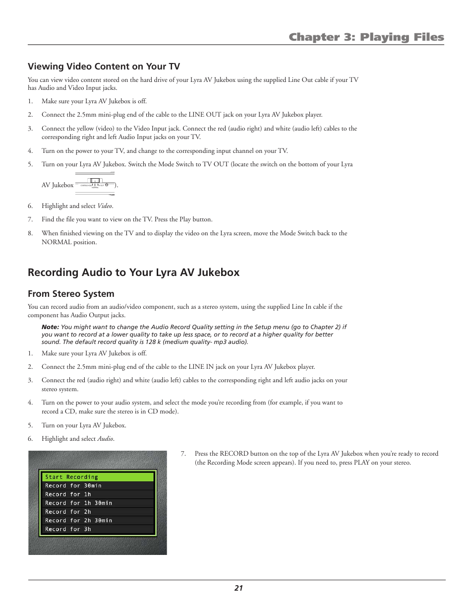 Recording audio to your lyra av jukebox, From stereo system, Chapter 3: playing files | Viewing video content on your tv | RCA Lyra AV RD2780 User Manual | Page 25 / 46