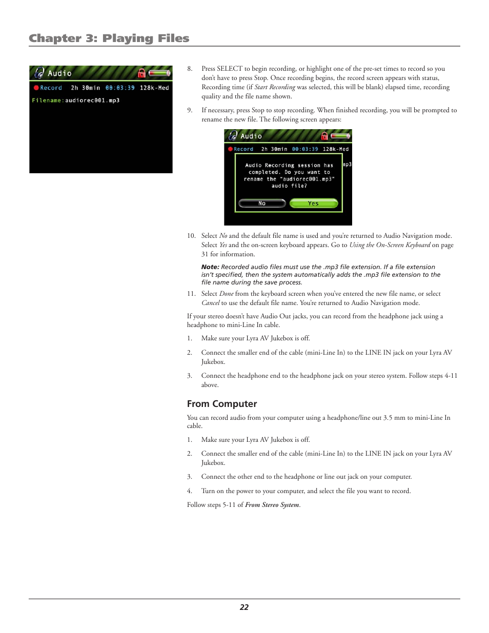 From computer, Chapter 3: playing files | RCA Lyra AV RD2780 User Manual | Page 26 / 46