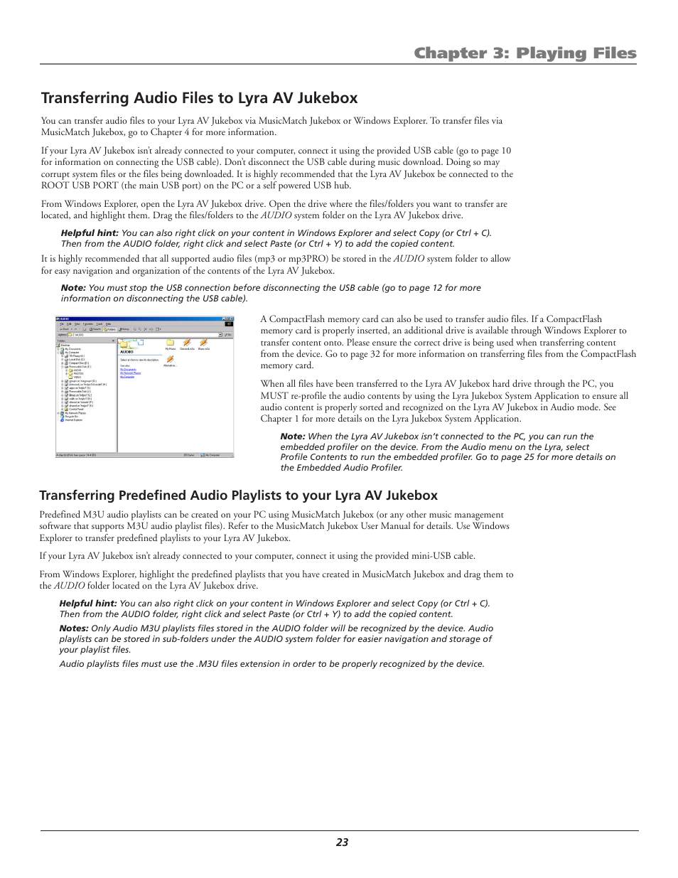 Transferring audio files to lyra av jukebox, Chapter 3: playing files | RCA Lyra AV RD2780 User Manual | Page 27 / 46