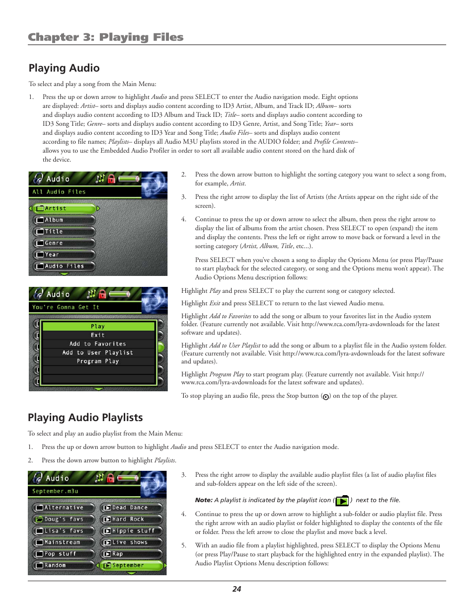 Playing audio, Playing audio playlists, Chapter 3: playing files | RCA Lyra AV RD2780 User Manual | Page 28 / 46