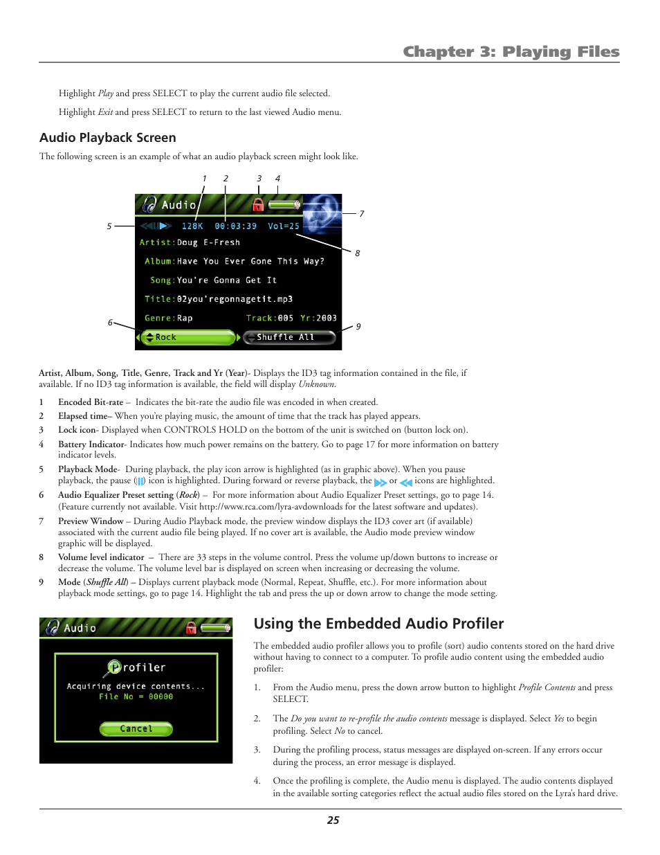 Audio playback screen, Using the embedded audio profiler, Chapter 3: playing files | RCA Lyra AV RD2780 User Manual | Page 29 / 46