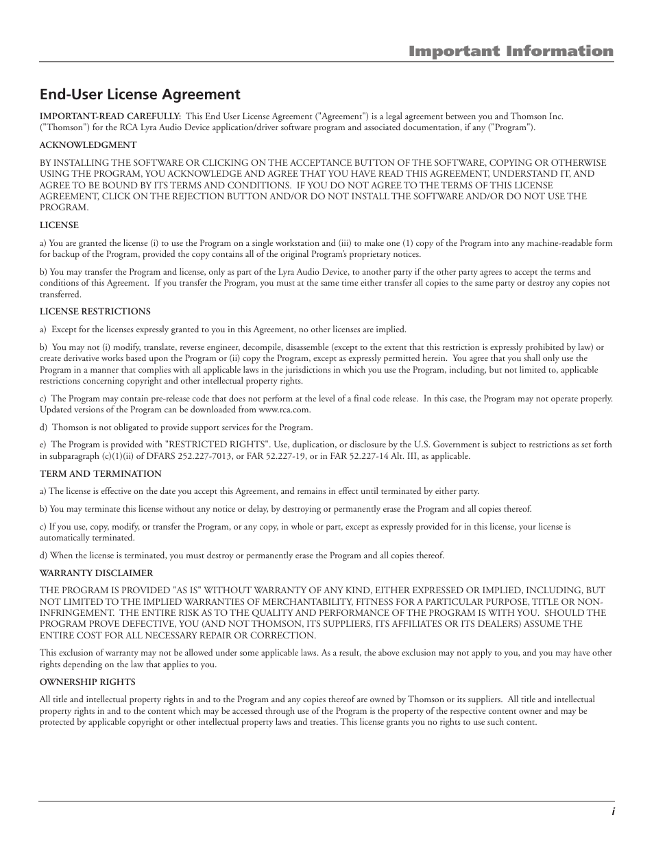 Important information:end-user license agreement, End-user license agreement, Important information | RCA Lyra AV RD2780 User Manual | Page 3 / 46