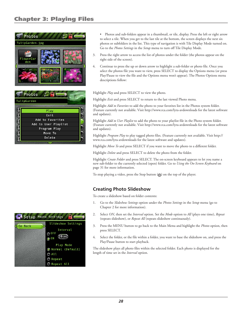 Creating photo slideshow, Chapter 3: playing files | RCA Lyra AV RD2780 User Manual | Page 32 / 46