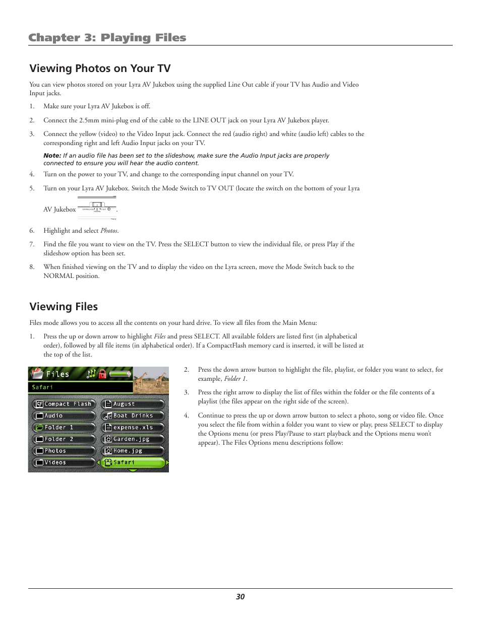 Viewing photos on your tv, Viewing files, Chapter 3: playing files | RCA Lyra AV RD2780 User Manual | Page 34 / 46