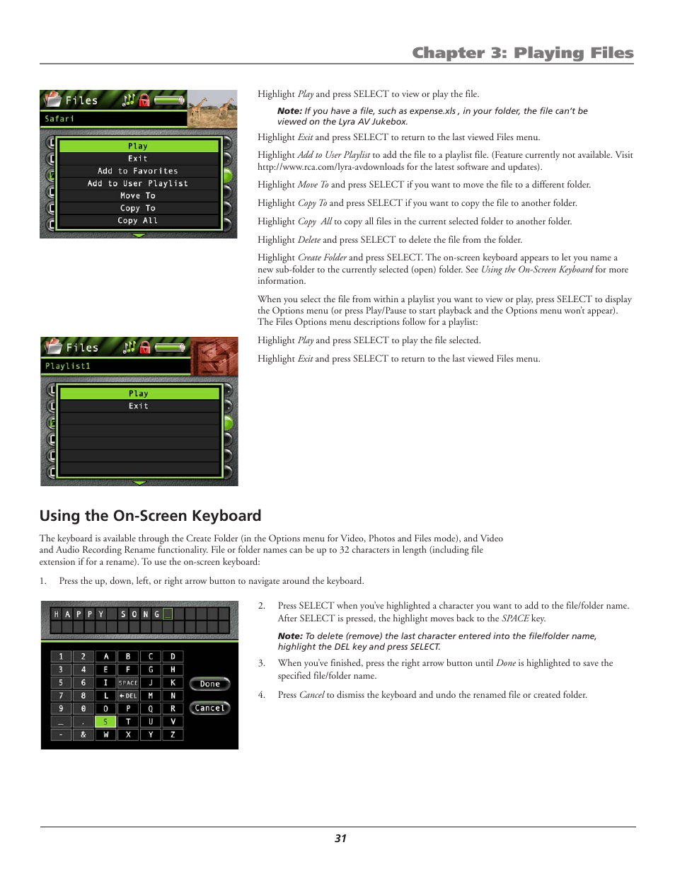 Using the on-screen keyboard, Chapter 3: playing files | RCA Lyra AV RD2780 User Manual | Page 35 / 46