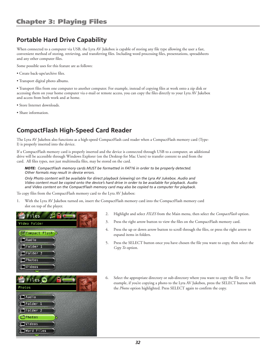 Portable hard drive capability, Compactflash high-speed card reader, Chapter 3: playing files | RCA Lyra AV RD2780 User Manual | Page 36 / 46