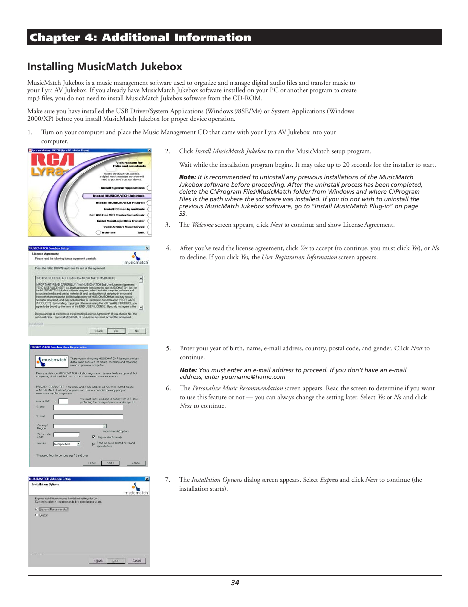 Chapter 4: additional information, Installing musicmatch jukebox | RCA Lyra AV RD2780 User Manual | Page 38 / 46