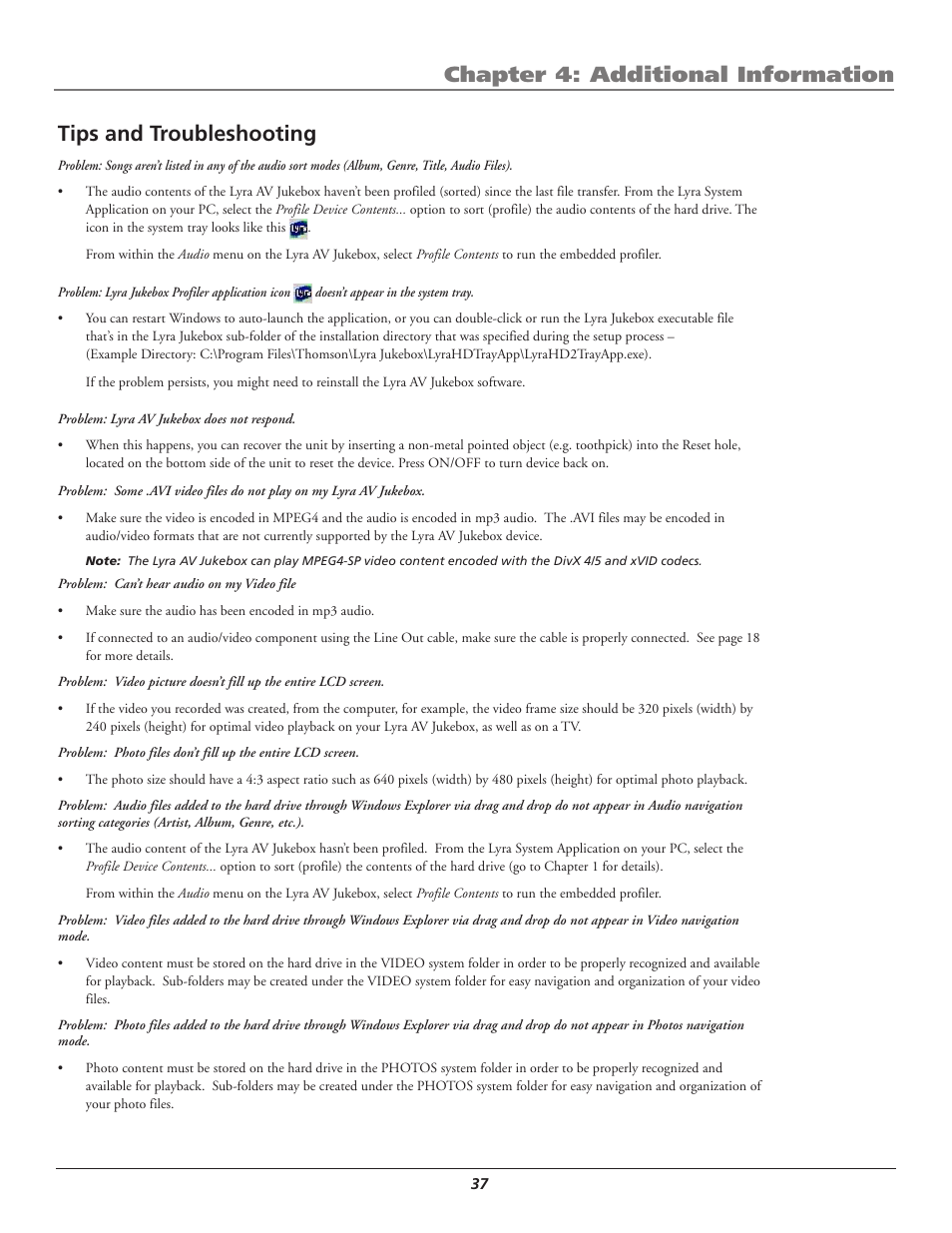 Tips and troubleshooting, Chapter 4: additional information | RCA Lyra AV RD2780 User Manual | Page 41 / 46