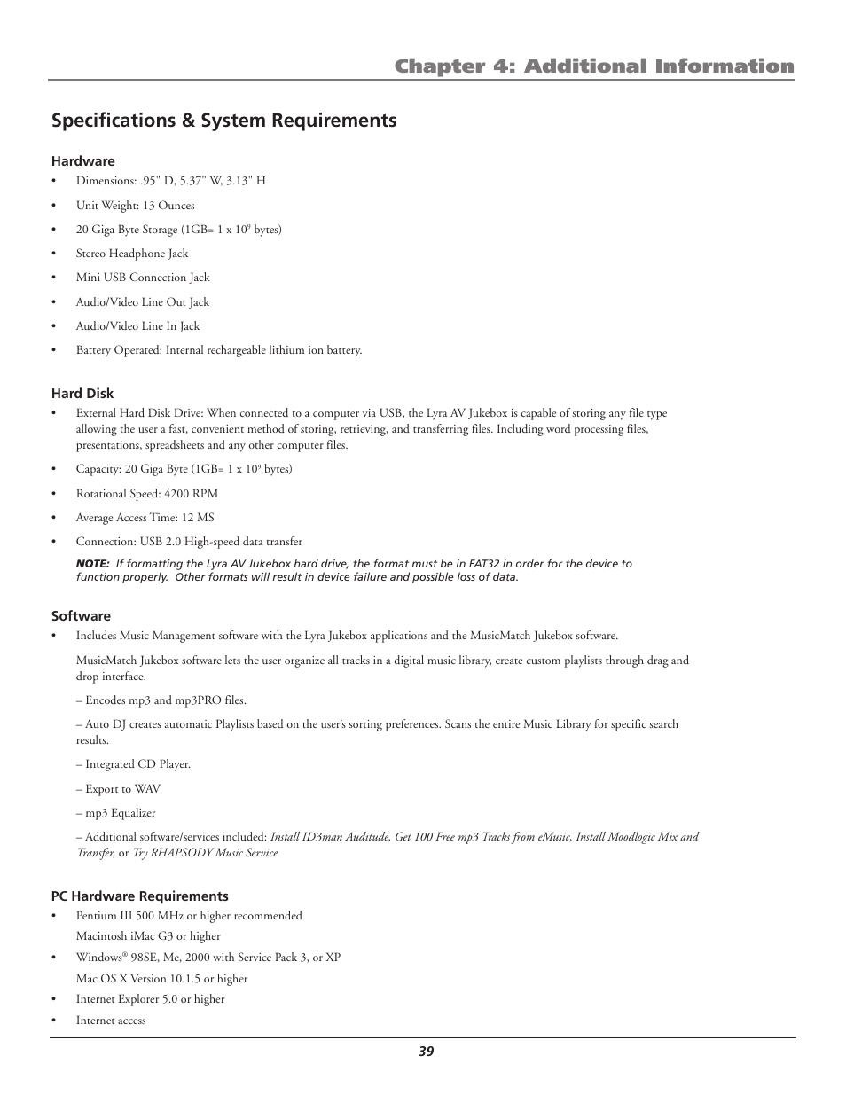 Specifications & system requirements, Chapter 4: additional information | RCA Lyra AV RD2780 User Manual | Page 43 / 46