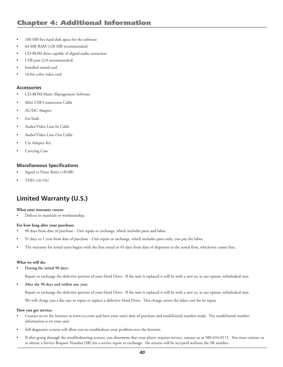 Limited warranty (u.s.), Chapter 4: additional information | RCA Lyra AV RD2780 User Manual | Page 44 / 46