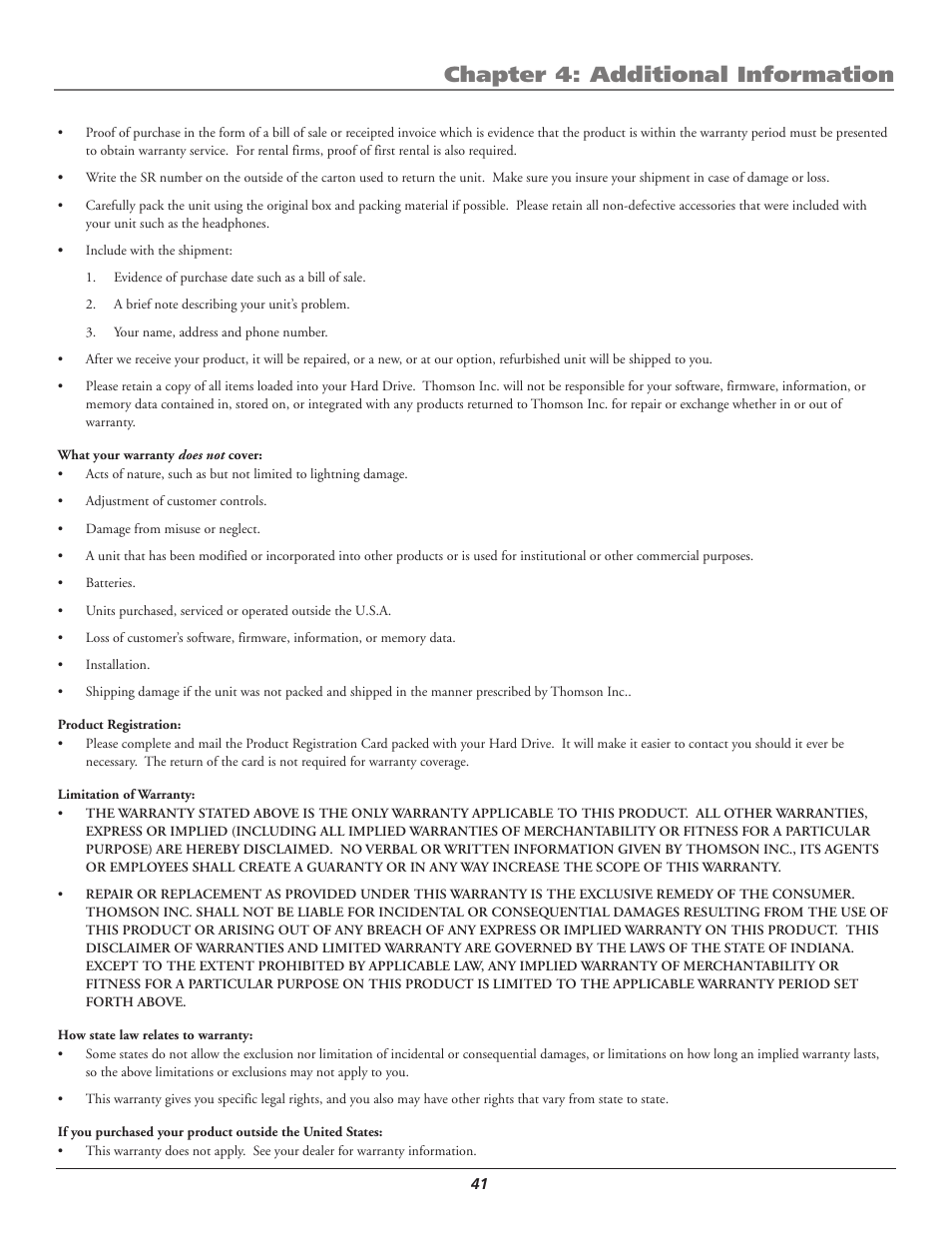 Chapter 4: additional information | RCA Lyra AV RD2780 User Manual | Page 45 / 46