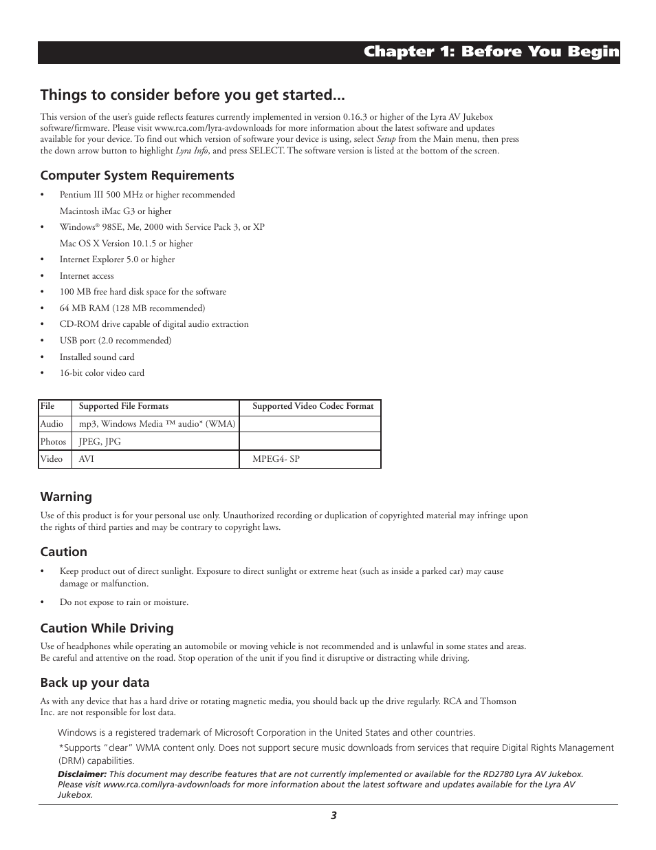 Chapter 1: before you begin, Things to consider before you get started, Computer system requirements | Warning, Caution, Caution while driving, Back up your data | RCA Lyra AV RD2780 User Manual | Page 7 / 46