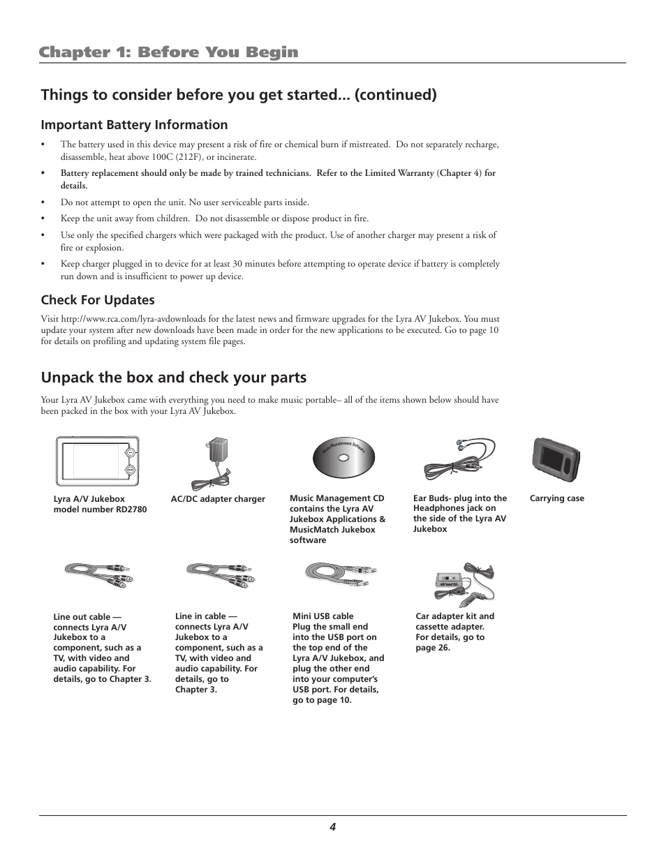 Important battery information, Check for updates, Unpack the box and check your parts | Chapter 1: before you begin | RCA Lyra AV RD2780 User Manual | Page 8 / 46