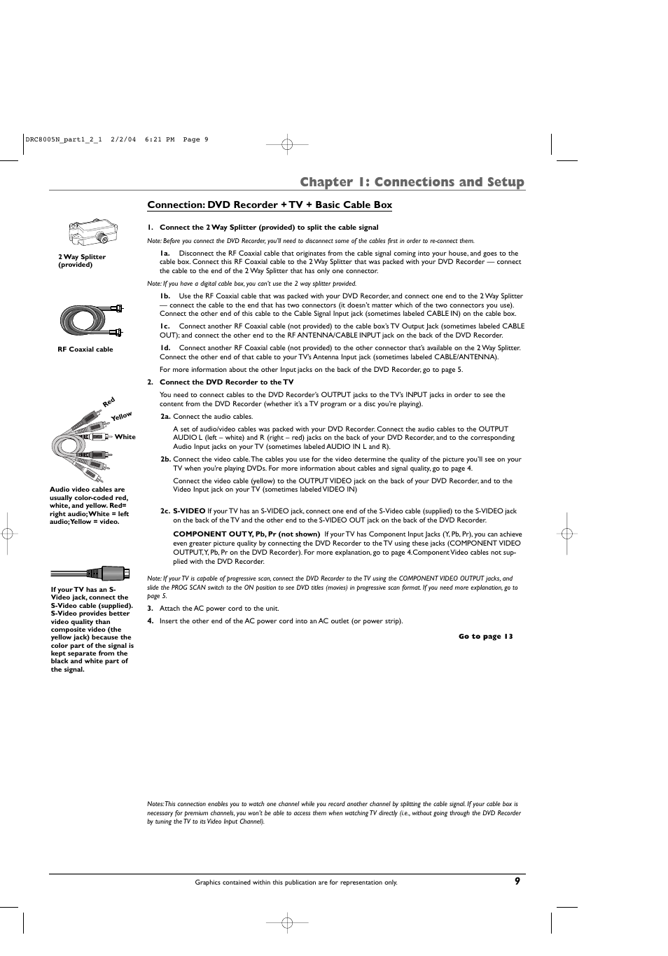 Chapter 1: connections and setup, Connection: dvd recorder + tv + basic cable box | RCA DRC8005N User Manual | Page 11 / 60