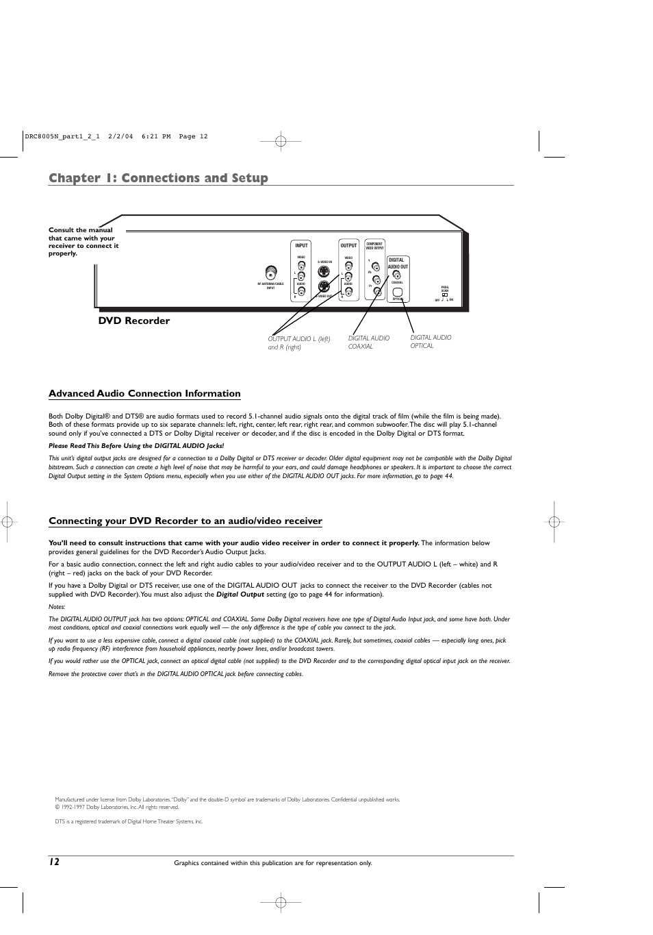 Chapter 1: connections and setup, Dvd recorder 12, Advanced audio connection information | RCA DRC8005N User Manual | Page 14 / 60