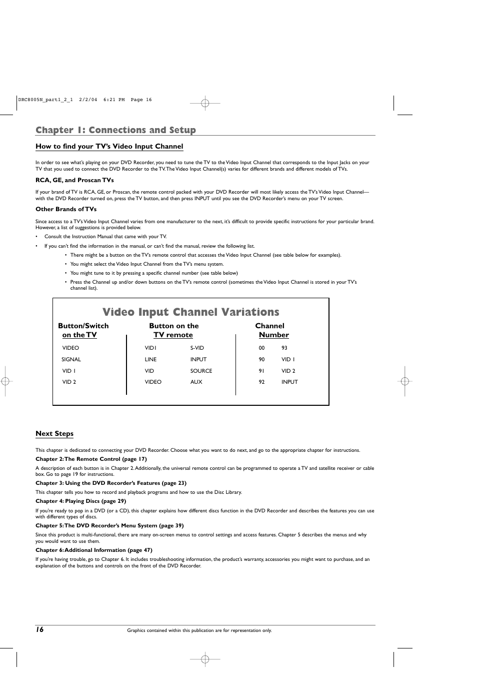 Video input channel variations, Chapter 1: connections and setup | RCA DRC8005N User Manual | Page 18 / 60