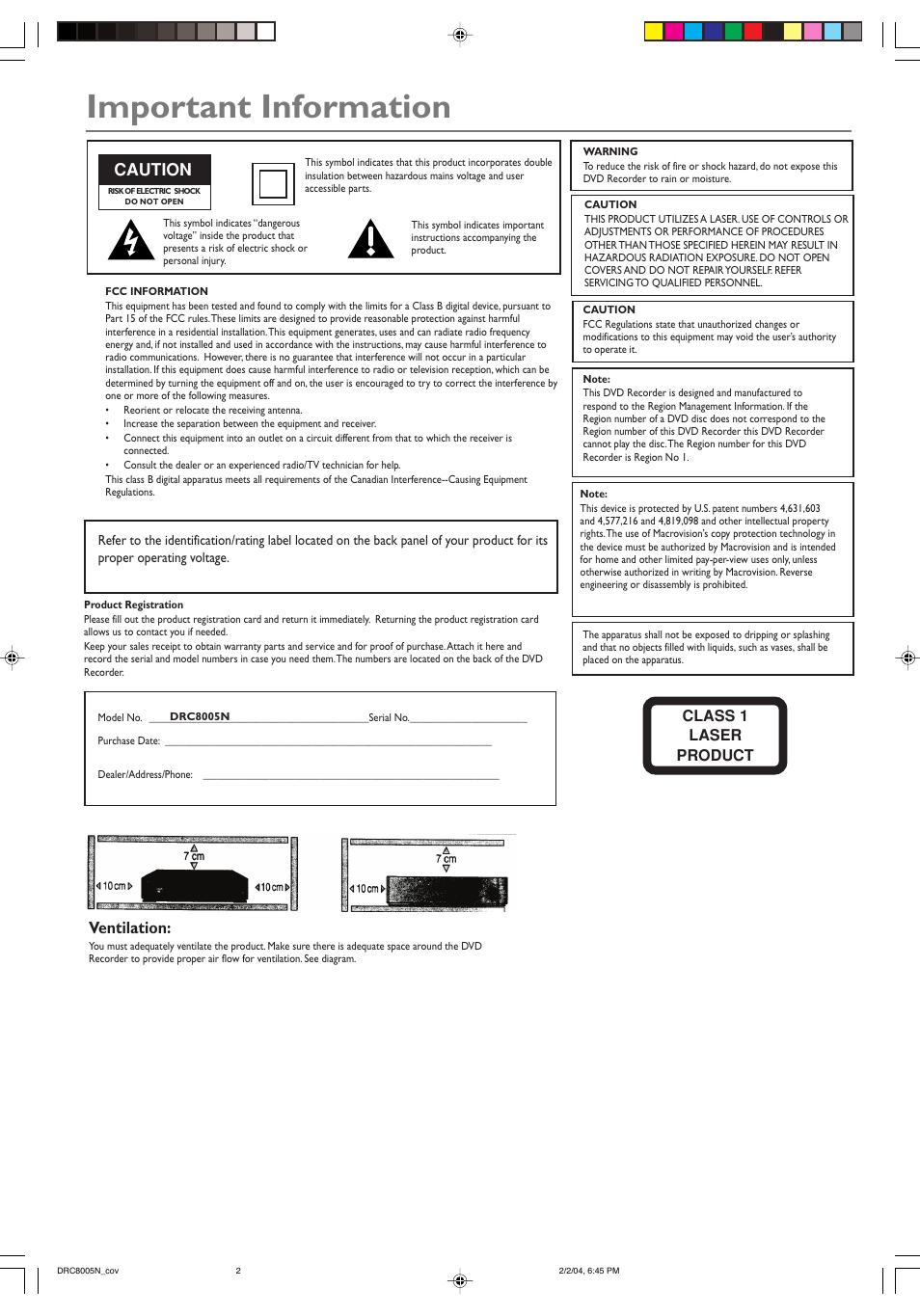 Important information, Caution, Ventilation | Class 1 laser product | RCA DRC8005N User Manual | Page 2 / 60