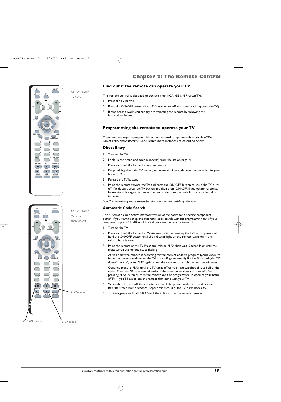 Chapter 2: the remote control, Find out if the remote can operate your tv, Programming the remote to operate your tv | Direct entry, Automatic code search | RCA DRC8005N User Manual | Page 21 / 60