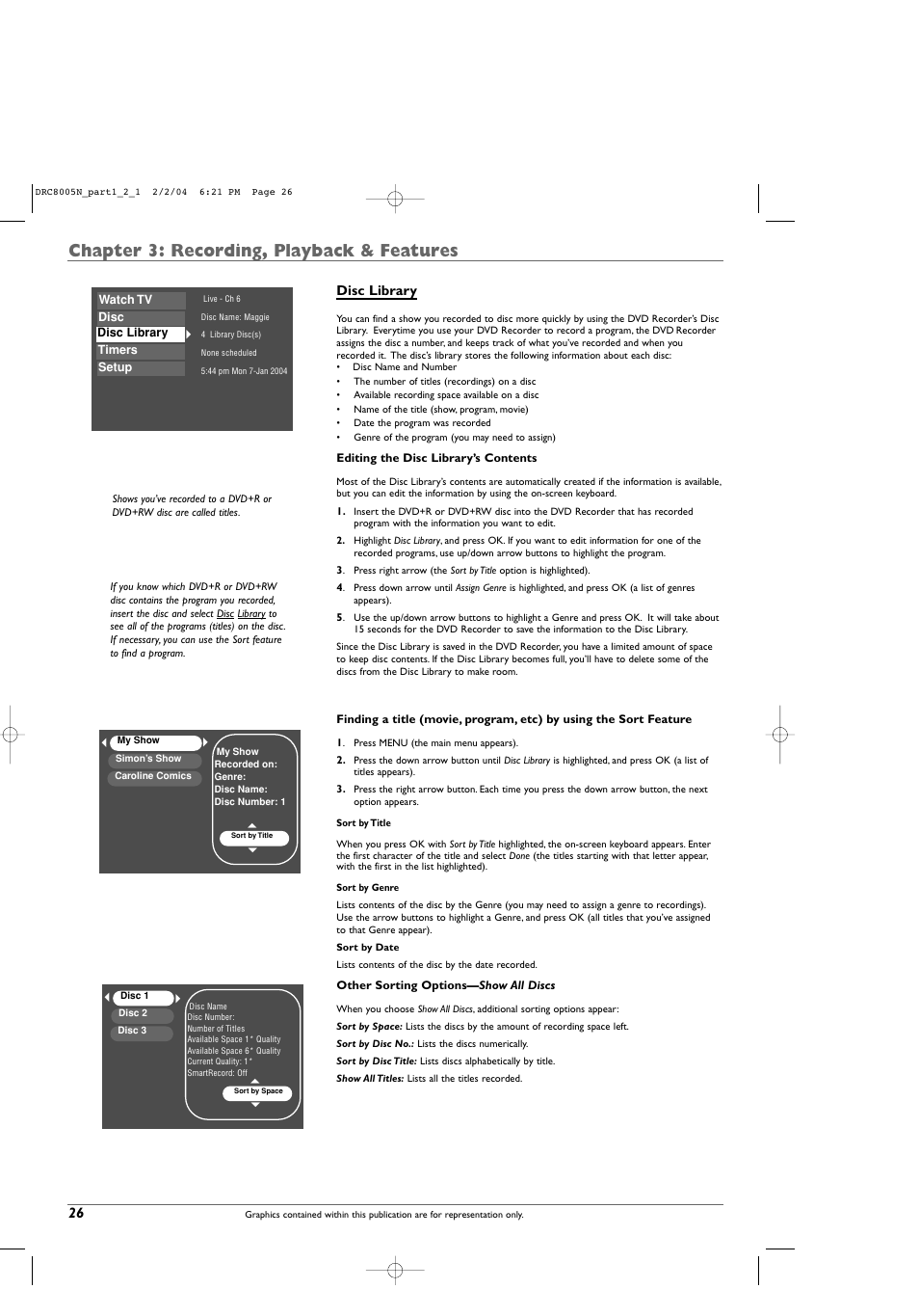 Chapter 3: recording, playback & features, Disc library | RCA DRC8005N User Manual | Page 28 / 60