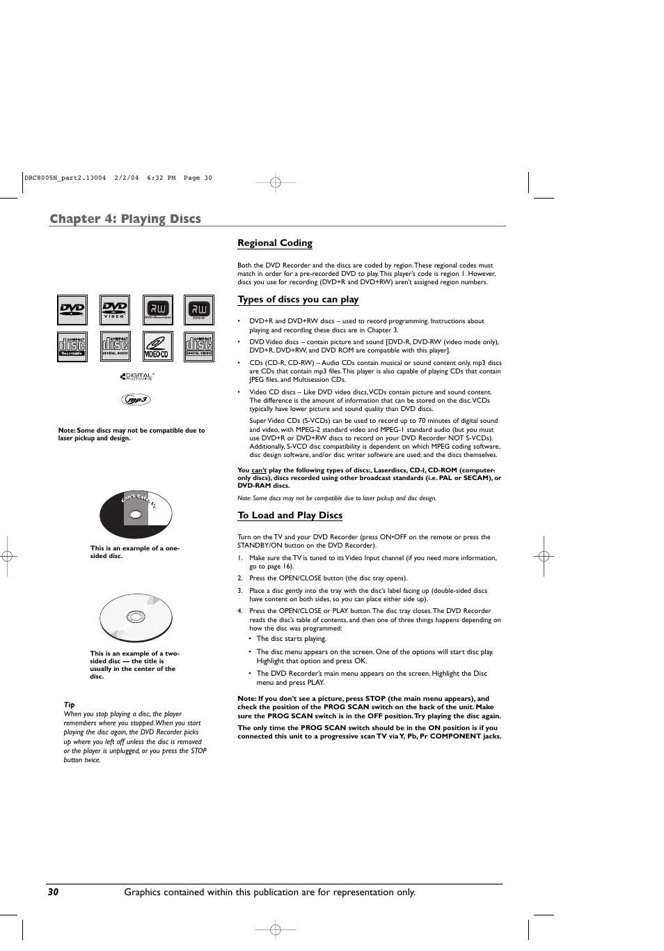 Chapter 4: playing discs, Regional coding, Types of discs you can play | RCA DRC8005N User Manual | Page 32 / 60