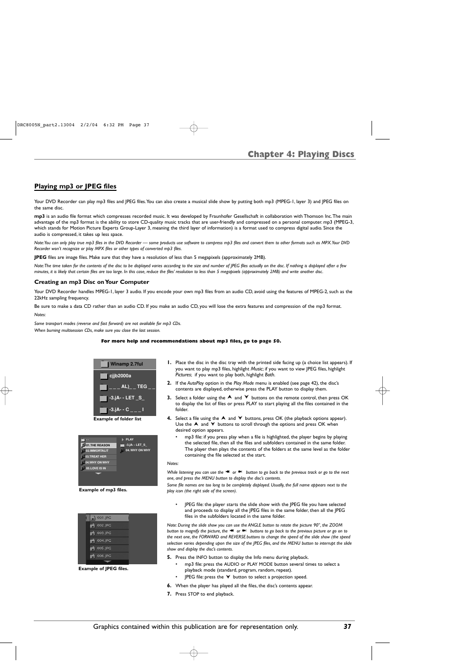 Chapter 4: playing discs, Playing mp3 or jpeg files | RCA DRC8005N User Manual | Page 39 / 60