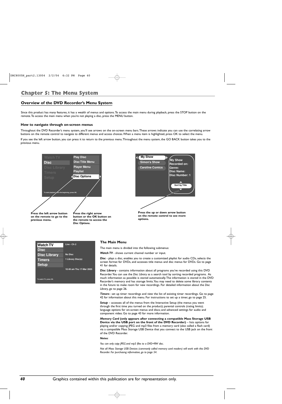 Chapter 5: the menu system, Overview of the dvd recorder’s menu system | RCA DRC8005N User Manual | Page 42 / 60