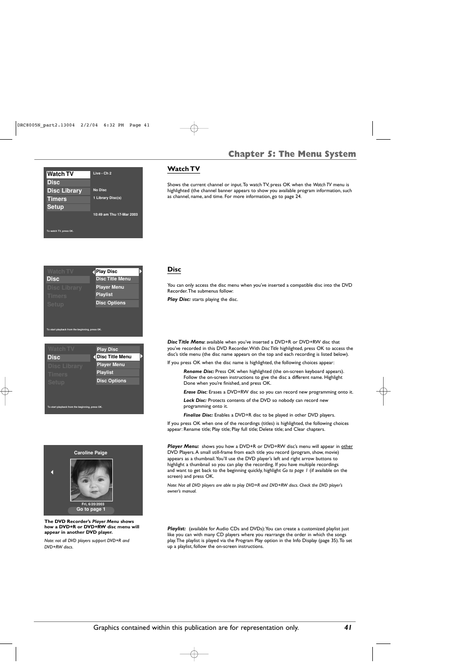 Chapter 5: the menu system, Watch tv, Disc | RCA DRC8005N User Manual | Page 43 / 60