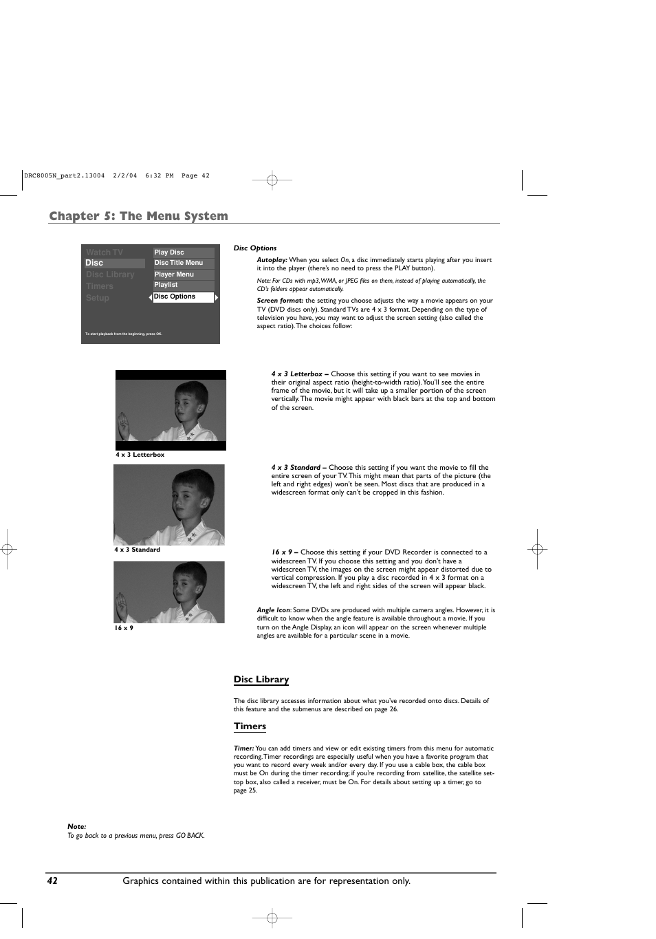 Chapter 5: the menu system, Disc library, Timers | RCA DRC8005N User Manual | Page 44 / 60