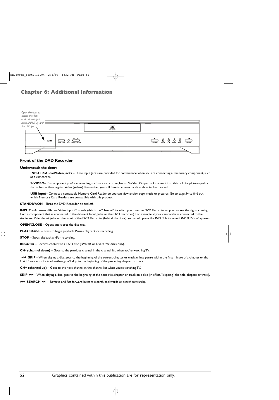Chapter 6: additional information, Front of the dvd recorder | RCA DRC8005N User Manual | Page 54 / 60