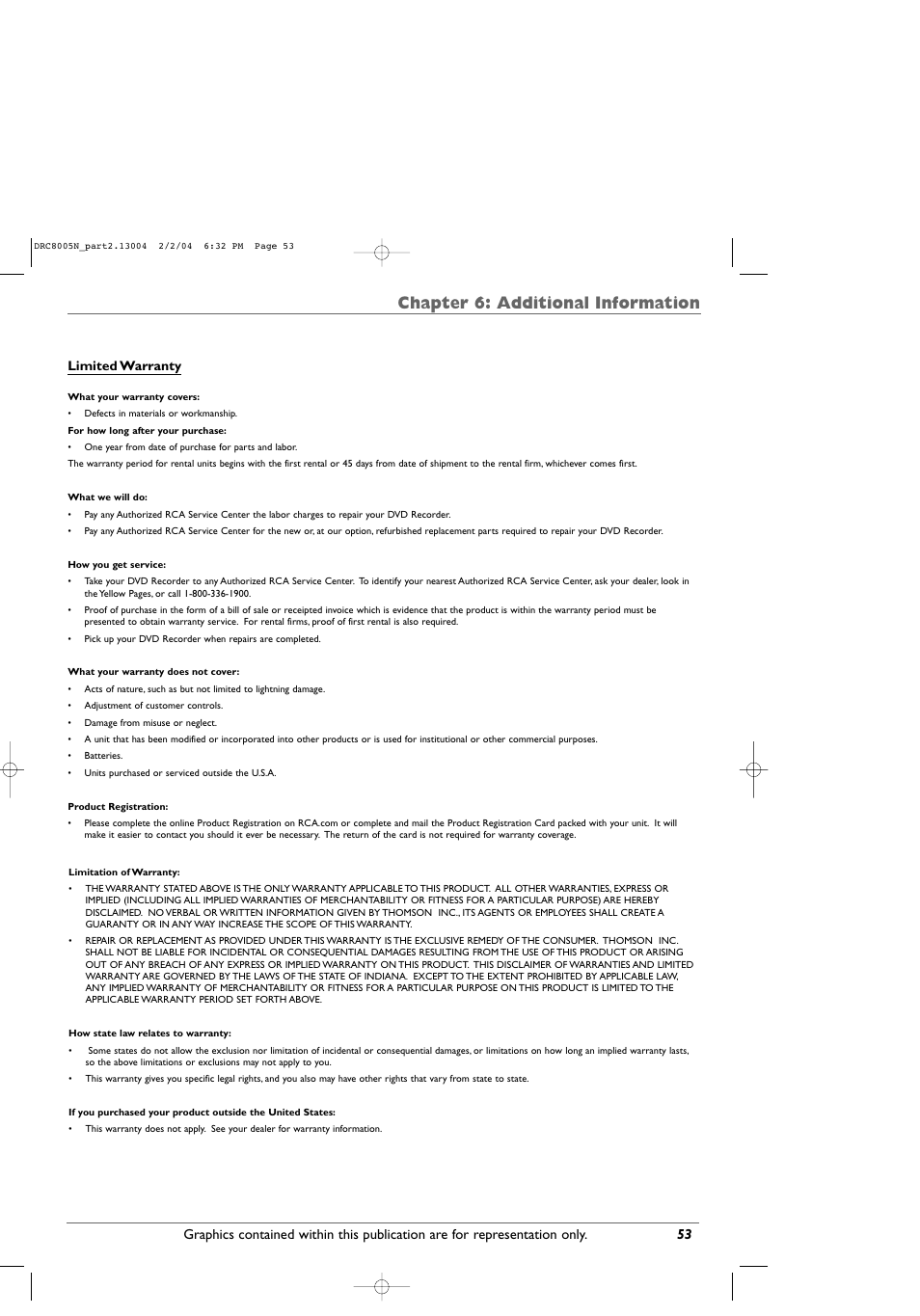 Chapter 6: additional information, Limited warranty | RCA DRC8005N User Manual | Page 55 / 60