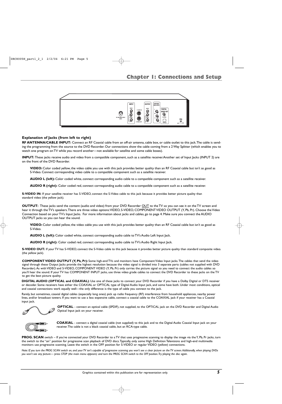 Chapter 1: connections and setup, Explanation of jacks (from left to right), Optical | Coaxial, Prog. scan | RCA DRC8005N User Manual | Page 7 / 60