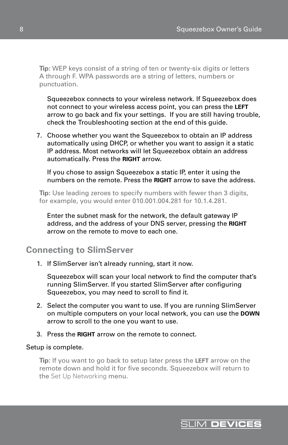 Connecting to slimserver, Slim devices | RCA SLIM DEVICE User Manual | Page 10 / 32