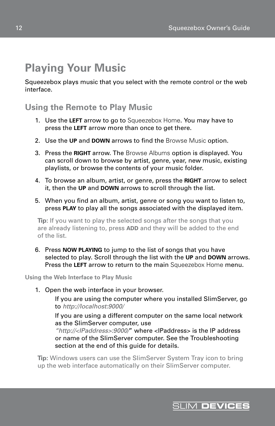 Playing your music, Using the remote to play music, Slim devices | RCA SLIM DEVICE User Manual | Page 14 / 32