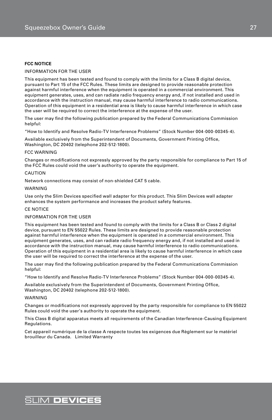 Fcc notice, Slim devices, 27 squeezebox owner’s guide | RCA SLIM DEVICE User Manual | Page 29 / 32