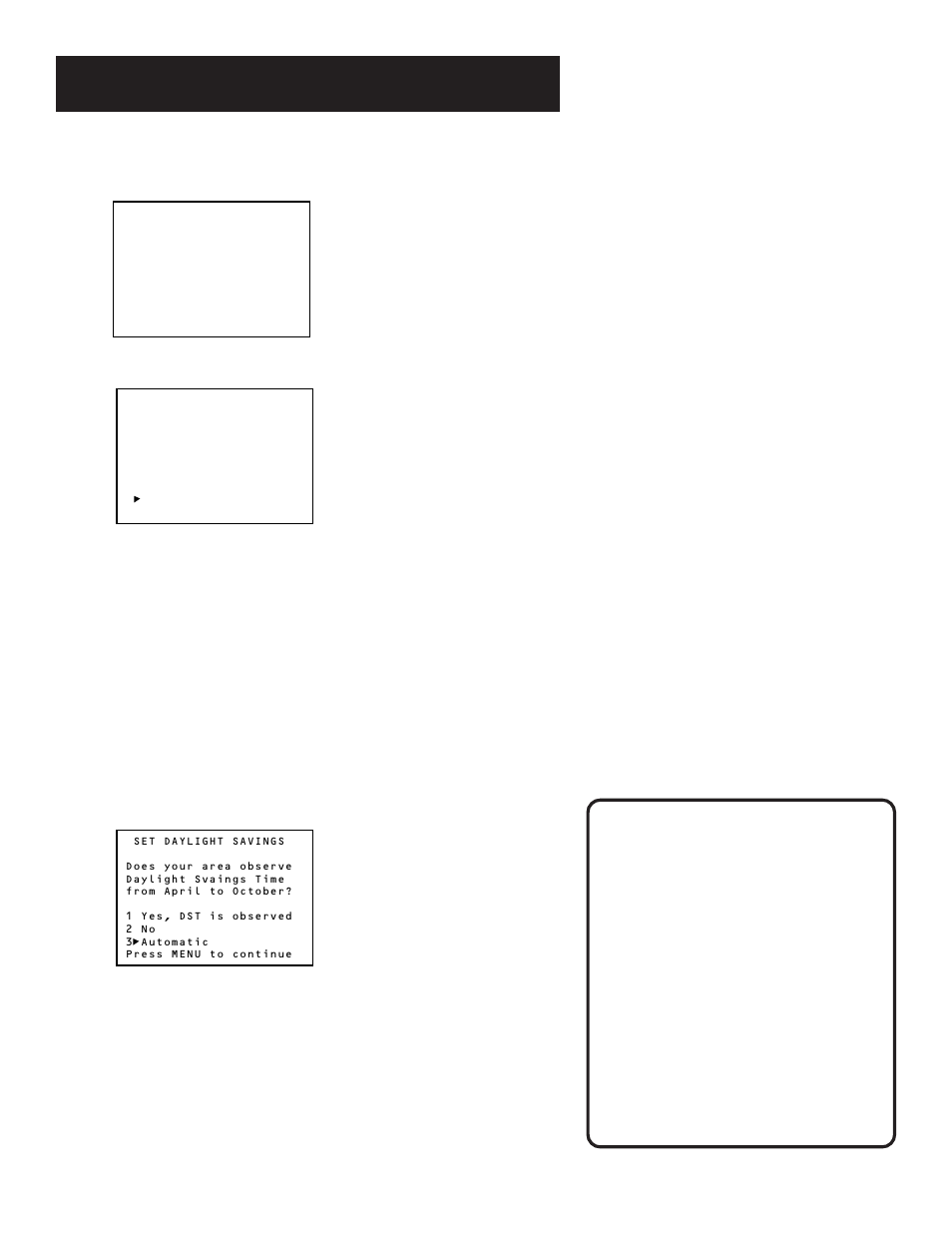 Energysaver, Date and time setting, Dst (daylight savings time) | Set daylight savings screen, Set time zone screen, Set daylight saving, Time menu, Setting up the vcr | RCA VR636HF User Manual | Page 18 / 72