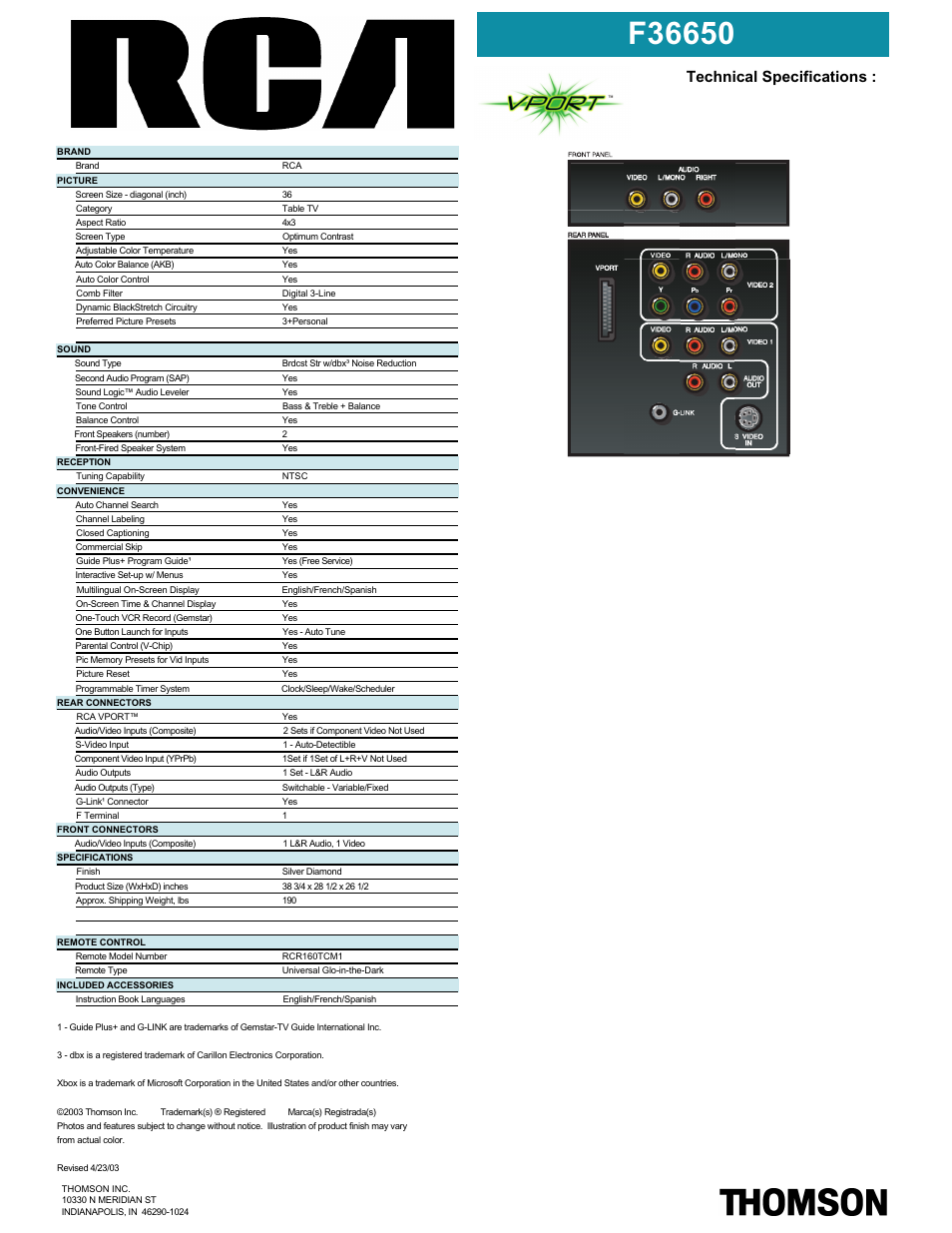 Technical specifications | RCA VPORT F36650 User Manual | Page 2 / 2