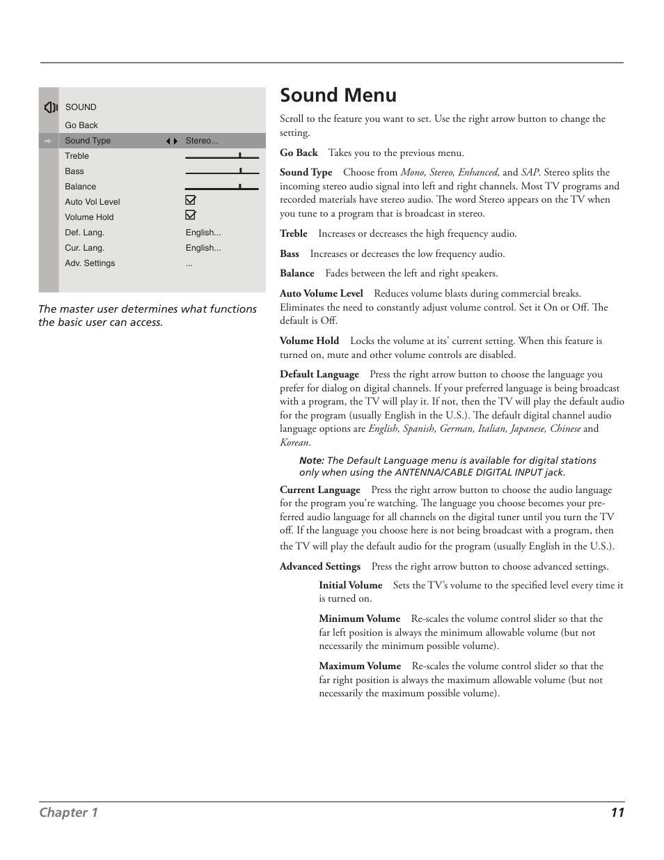 Connections & setup, Sound menu, Chapter 1 11 | RCA J27F636 User Manual | Page 11 / 40