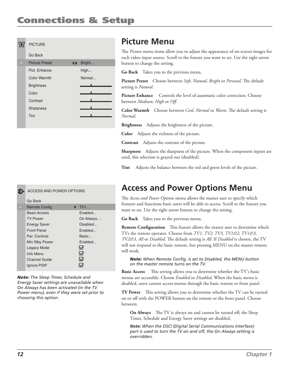 Connections & setup, Picture menu, Access and power options menu | 12 chapter 1 | RCA J27F636 User Manual | Page 12 / 40