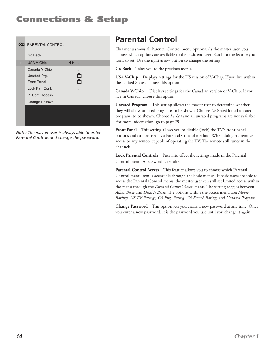 Connections & setup, Parental control, 1 chapter 1 | RCA J27F636 User Manual | Page 14 / 40