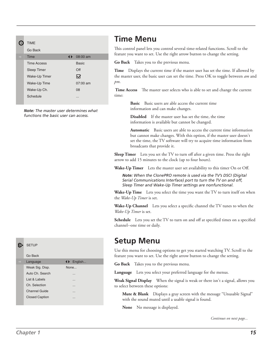 Connections & setup, Time menu, Setup menu | Chapter 1 1 | RCA J27F636 User Manual | Page 15 / 40