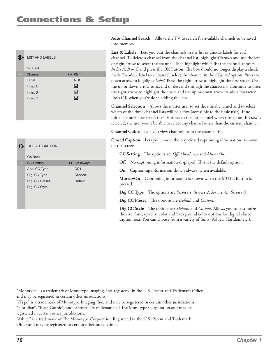 Connections & setup, 1 chapter 1 | RCA J27F636 User Manual | Page 16 / 40